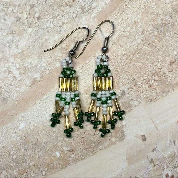 🎍3/$10 Green and Gold Beaded Fringe Earrings - Picture 2 of 5